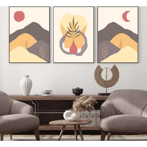 Mountain Moon Sunrise Plant Aesthetic Print Poster Boho Landscape Wall Art Picture Canvas Painting Living Room Decoration