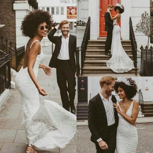 New Bohemian Mermaid Wedding Dresses Sexy V Neck Lace Appliques Bridal Gowns South African Slim Floor Length Wedding Dress