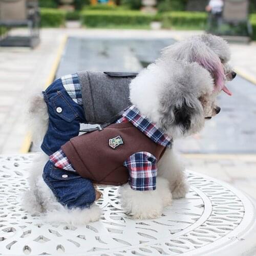 NEW Autumn Dog Jumpsuit Japanese Pattern Plaid Tie Denim Pants Dog Clothes