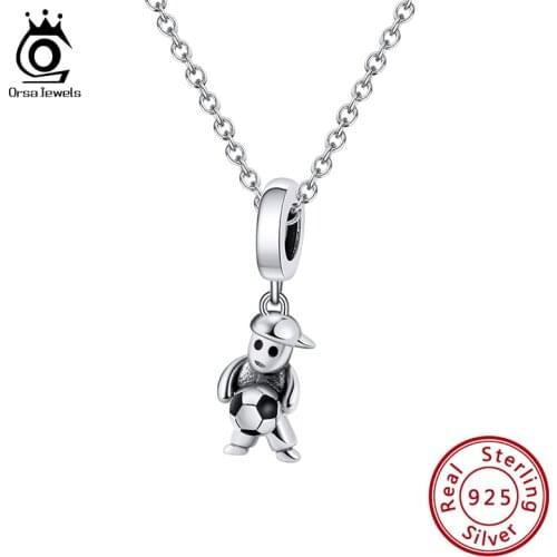 ORSA JEWELS 925 Sterling Silver Silver Charm Necklace Energetic Soccer Boy Design Black Enamel Pendant Fit Dating Present CB15