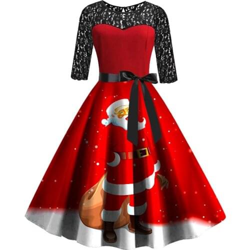 Autumn and Winter Christmas Dress Womens Long Sleeve Lace Stitching Big Swing Christmas Sexy Dress Midi Dress Lady Elegant Dress