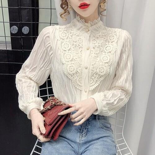 Stand Collar Autumn Winter bottoming shirt Womens blusas mujer de moda 2020 New Long-Sleeved Lace Chiffon Women Top 851E