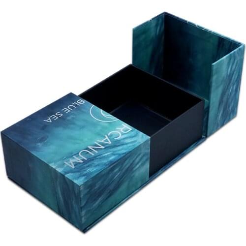 Luxury blue double door open skincare gift set box custom logo cardboard cosmetic gift wooden art gift box