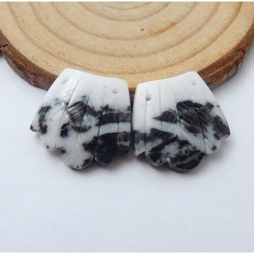 Hand Engraving Natural White Zebra Jasper Feather Earrings Beads 20x19x4mm,6.1g
