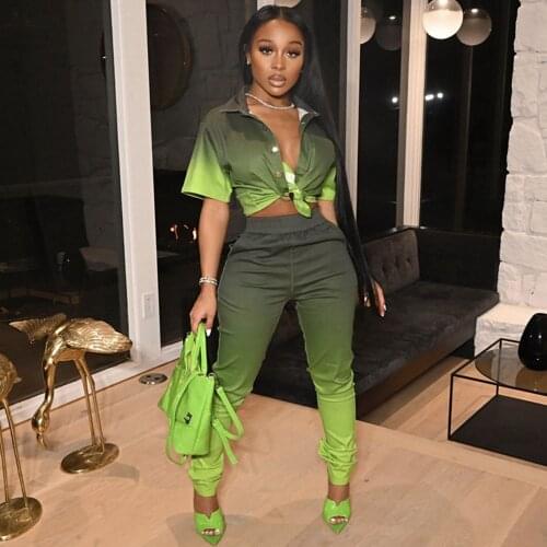 Gradient Ramp Print 2 Piece Sets Womens Outfits Turn-down Collar Button Up Blouses Shirts + Pencil Pants Suit Club Matching Sets