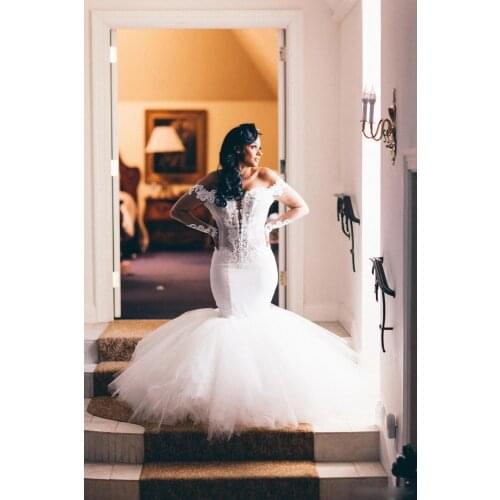 African Plus Size Wedding Dresses Sexy Mermaid Long Sleeve Backless Lace Off Shoulder Bridal Wedding Gowns Custom Made Vestidos