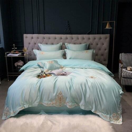 Svetanya Light Turquoise European Satin Artificial Silk Bedding Set Hotel Fitted Sheet Bedlinens Queen King Duvet Cover Set