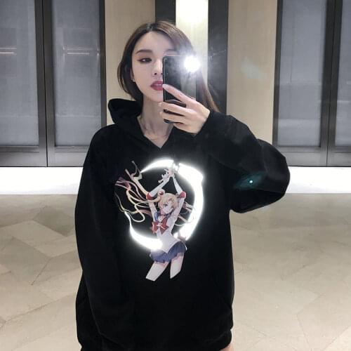 Harajuku Sailor Moon Print Hoodie Women Loose Casual Reflective Cartoon Long Sleeve Pullover Tops Streetwear Oversize Sweatshirt
