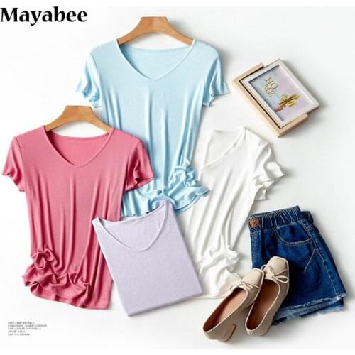 2021 Spring And Summer New Short-Sleeved Top Ribbed Mulberry Silk Mask Ladies Multicolor V-Neck T-Shirt