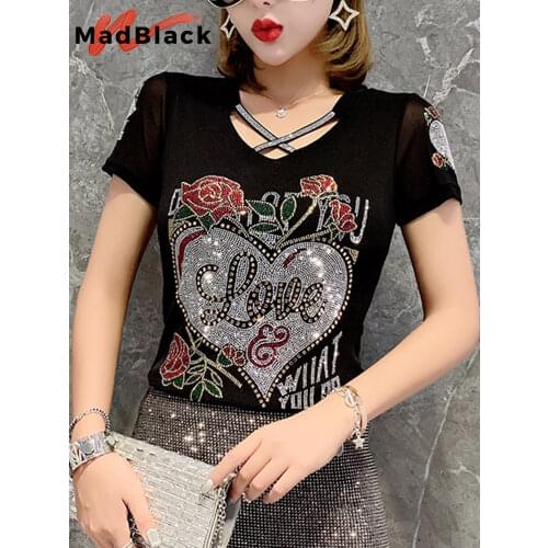 Summer Fashion Korean Clothes T-Shirt Sexy Hollow Out Diamonds Letter Rose Women Tops Patchwork Mesh All Match Tees 2021 T06633