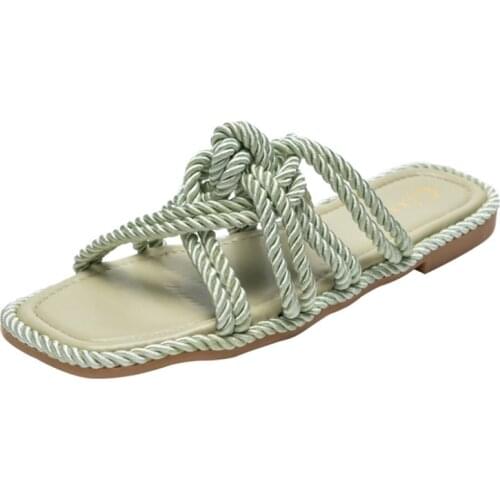 2021 New Hot Style Hemp Rope Flat Sandals Women Casual Solid Color Square Toe Hollow Flat Heel Beach Luxury Slippers Female