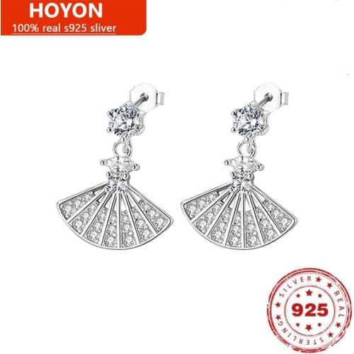 Real S925 Sterling Silver Full Diamond Fan Earrings For Women Silver AAA Zircon Stud Earrings Wedding Birthday Fine Jewelry Gift