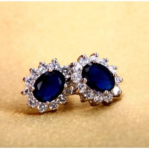 Oval Cut Blue Stud Earrings White Gold Filled Womens Earrings Noble Gift