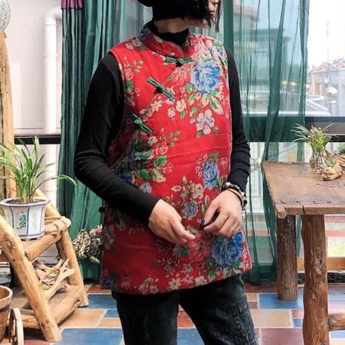 Johnature Women Vintage Cotton Vests Coats Chinese Style Sleeveless O-Neck Print Floral 2020 Winter Female Vests