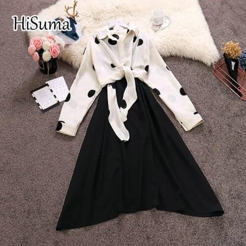 HISUMA 2019 autumn new female turn-down collar dot lace up waist chiffon shirt strap A-line dress suits women two piece sets