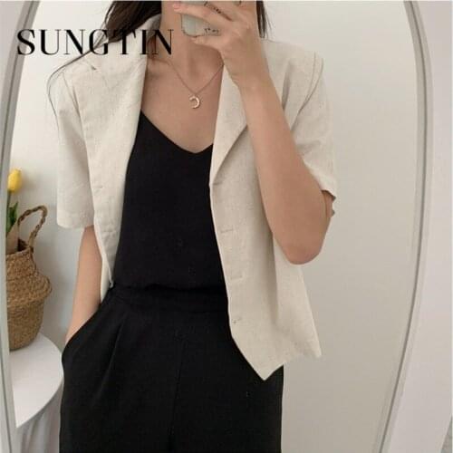 Sungtin Casual Cotton Linen Short Blazer Coats Women Office Lady Solid Shortsleeve Suit Women Summer Thin Chic Slim Crop Blazers