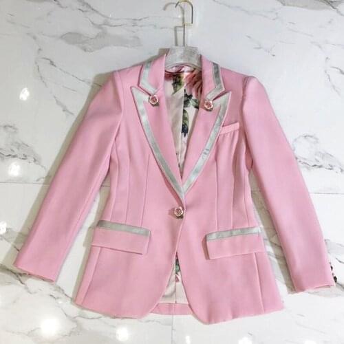 2021 Spring Womens Pink Slim blazer jackets High quality Floral Buttons coat Tops C684