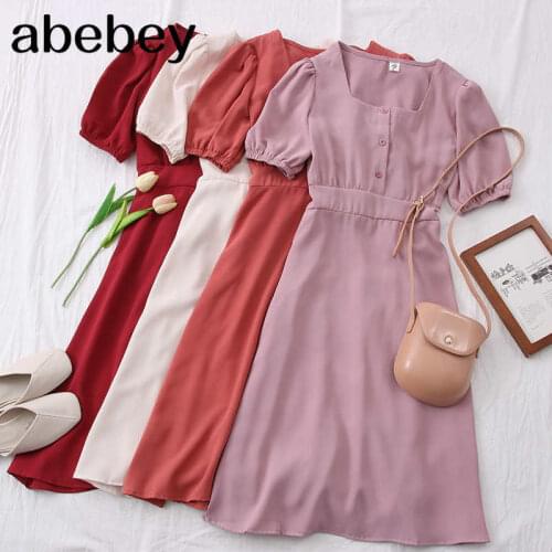 2021 New Summer Retro French square collar single breasted Dress high waist slim bandage Puff Sleeve Dress