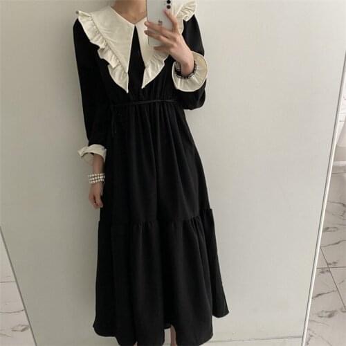 Peter pan collar ruffles simple solid long dress termperament mild spring womens dress all-match straight loose elegant dress