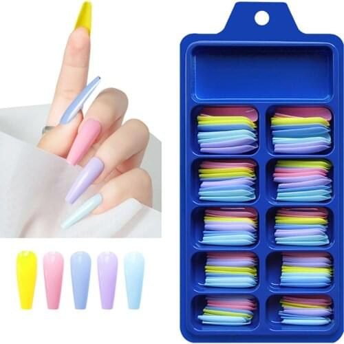 100Pcs Colorful Acrylic False Long Coffin Nails Fake Nails Flat Shape Art Tips Natural Full Cover Fake Nail Tips Manicure Tools