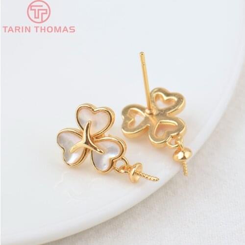 2PCS 12x18MM 24K Gold Color Brass Flower with Half Pin Stud Earrings High Quality DIY Jewelry Making Findings Accessories