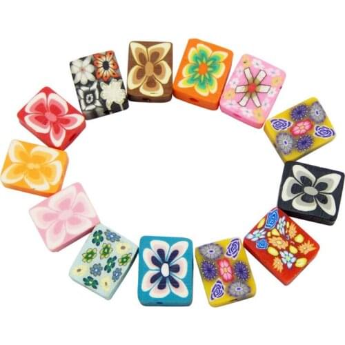 Julie Wang 20PCS Square Beads Polymer Clay Flower Pattern Spacer Beads Random Color Necklace Bracelet Jewelry Making Accessory