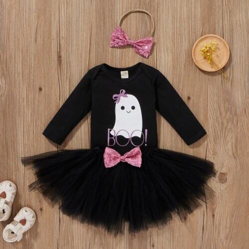 3 Pcs Baby Girls Halloween Outfits Cartoon & Letter Print Long Sleeve Romper + Tulle Skirt with Sequined Bowknot + Headband