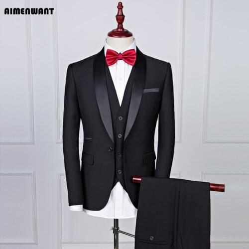 AIMENWANT Mens Suits Europe Shawl Collar Groom Wedding Suit Set Gentle Man Slim Black Blazer+Pants Set Male Prom Suit Tailor