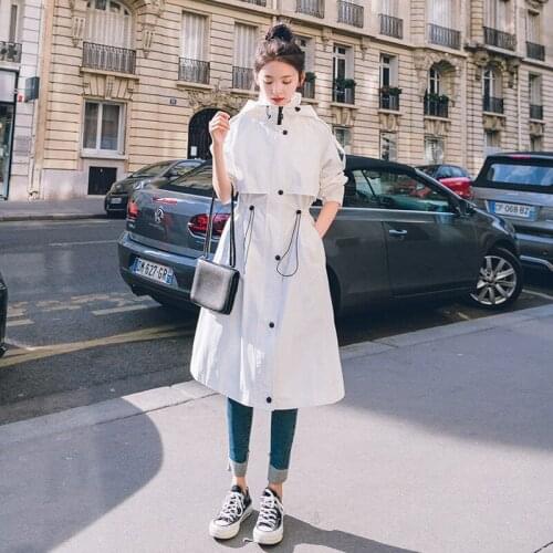 White Windbreaker Womens Mid-Length Slim Hooded Chic Coat Womens Long Coat