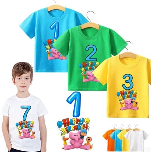 Pocoyo Kid Birthday Number T Shirt Child Clothes color Boy Girl Child Digital T-shirt Children Cotton Clothing Birthday Gift
