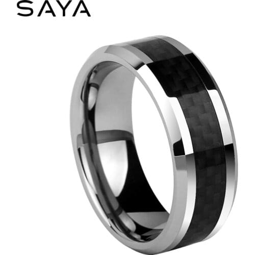 High Polished Black Carbon Fiber Inaly Tungsten Rings for Mens Finger Rings Comfort Fit, Engraving, Free Shipping