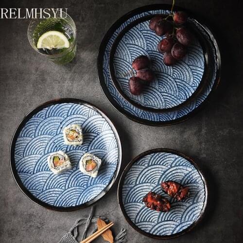 RELMHSYU Japanese Style Tableware Ceramic Rice Bowl Round Flat Breakfast Plate Dish Food Tray Household Tableware