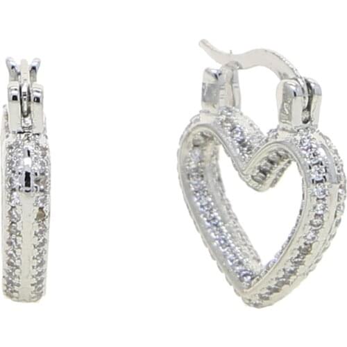 Copper White Gold Color Paved White Stones Heart Hoop Earrings for Women Fashion Love Heart Small Earrings for Girl Gift