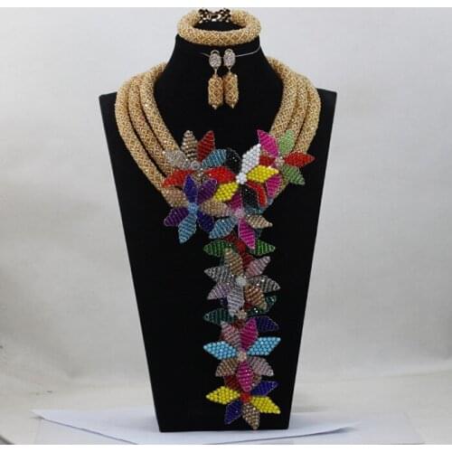 Multicolor Flower Falls Crystal Wedding Jewelry Set Gold Champagne Beads Party Jewelry Set Free Shipping WD921