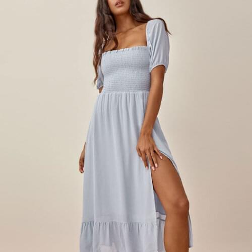 Solid Smocked Dress Women Clothes 2021 Chiffon Sky Blue Short Puff Sleeve Square Collar Flounced Edge Long Sexy Boho Dresses