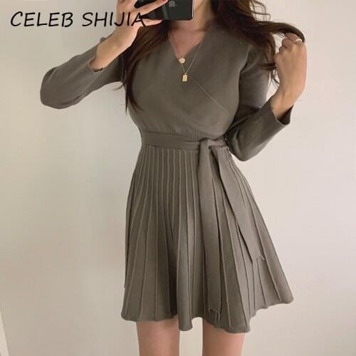 SHIJA Elegant V-neck Knitting Dress For Woman Long-sleeve Black Solid Slim Waist Pleated Sweater Dress Female Autumn Winter 2020