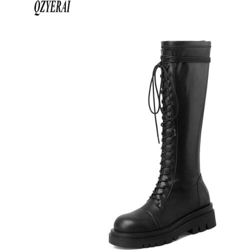 QZYERAI New style knee boots Women boots Motorcycle boots outdoor warm Female boots bottom of the thick winter Women shoes