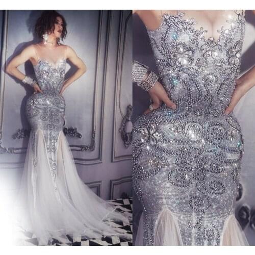 Christia Bella Luxury Silver Rhinestones Evening Mermaid Dress Ladies Sleeveless Mesh Trailing Dress Singer Stage Clothing