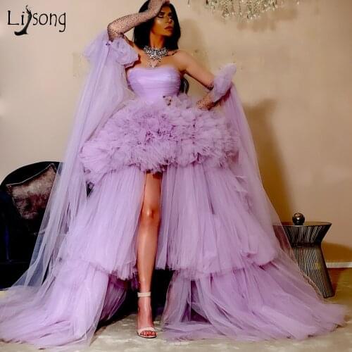 Sexy Lavender Tulle High Low Prom Dresses With Long Tutu Ribbon Off The Shoulder Ruffles Tiered Long Prom Gowns 2020