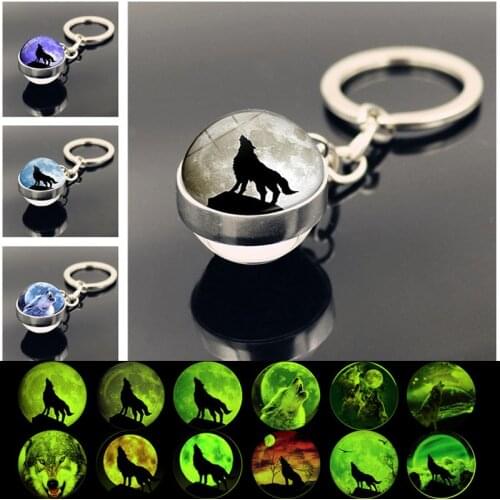 Luminous Howling Wolf,The Wolf Howled At The Moon Keychain Pendant, Double-sided Glass Ball Luminous Keychain Charms Trinkets