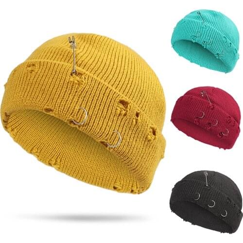 Hole Knitted Hat, Beanie, Melon Leather Hat, Pin Ring Decoration, Personality Hole Acne Hat, Hip-hop Style Couple Hat Cap