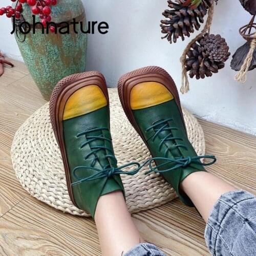 Johnature Genuine Leather Mixed Colors Women Boots Ankle Shoes Round Toe Flat With Lace-Up 2021 New Concise Sewing Ladies Boots
