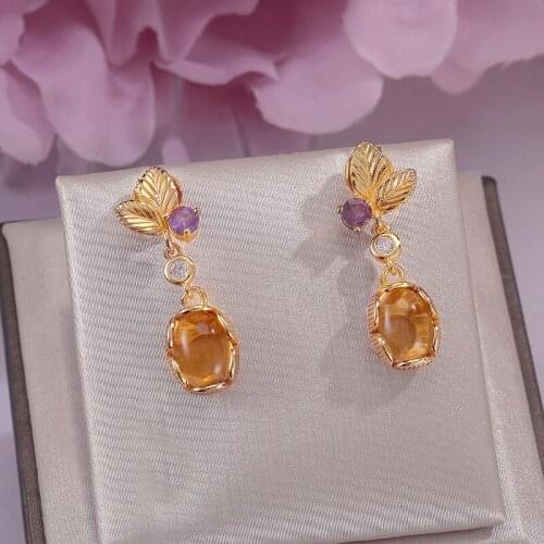 Fine Jewelry 100% Silver Sterling Drop Earrings Citrine Natural 18K Gold Plated For Women Oval Gemstone Classic Brincos CCEI007