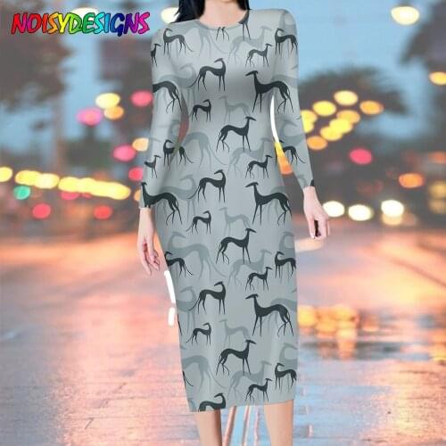 NOISYDESIGNS New Greyhound Dog Printing Dress Elegant Long Sleeve Bodycon Pencil Dress Spring Autumn Dresses for Women Casual