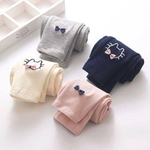 2018 Spring Autumn Kids Children Birthday Gift Solid Color Navy Blue Gray Cat Bow Embroidery Leggings For Girls