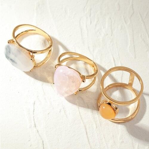 3pcs/set Golden Ring Set Pink Crystal Yellow Moonstone Double Layer Gold Tiny Stackable Boho Jewelry for Women Girl Party Gifts