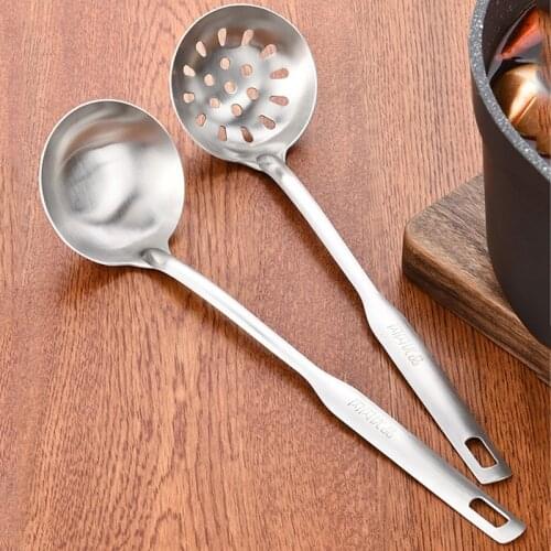 304 Stainless Steel Soup Spoon + Slotted Spoon Set Thickened Tableware Hot Pot Spoons with Long Handle Hot Pot Soup Tableware