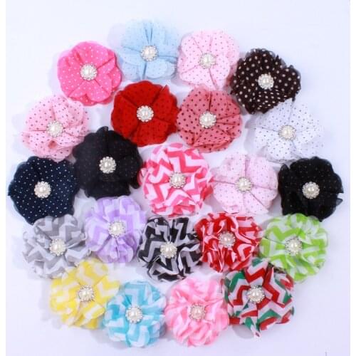60PCS 2 inch Polka Dot Chiffon Fabric Flower with Pearl Rhinestone U Pick Color Head Wear