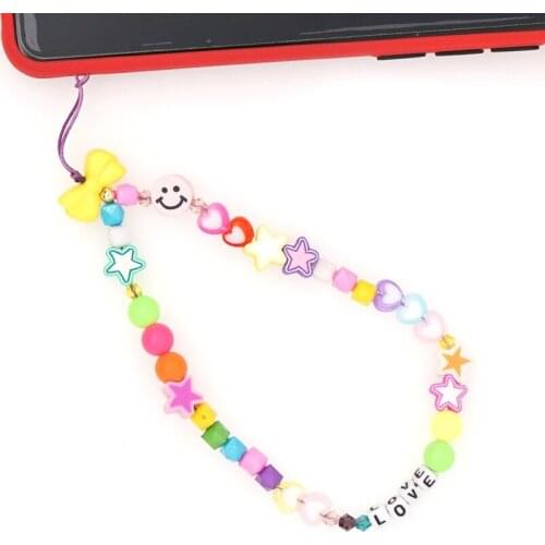 2021 Cute Letter LOVE Mobile Phone Lanyard Smiley Soft Clay Key Chain Letter Keychain Bohemia for Women Girls Keychain