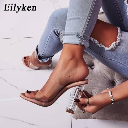 Eilyken Summer PVC Transparent Jelly Women Slippers High Heels Slippers Sandals Transparent Square Heel Peep Toe Women Shoes